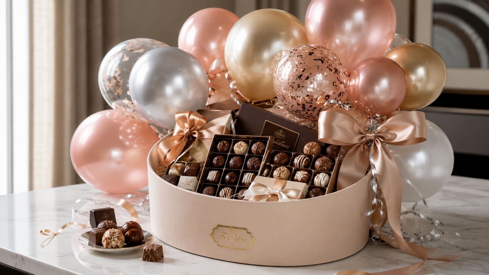 Un elegante arreglo de regalo con chocolates finos en caja redonda decorada con globos metálicos y lazos.