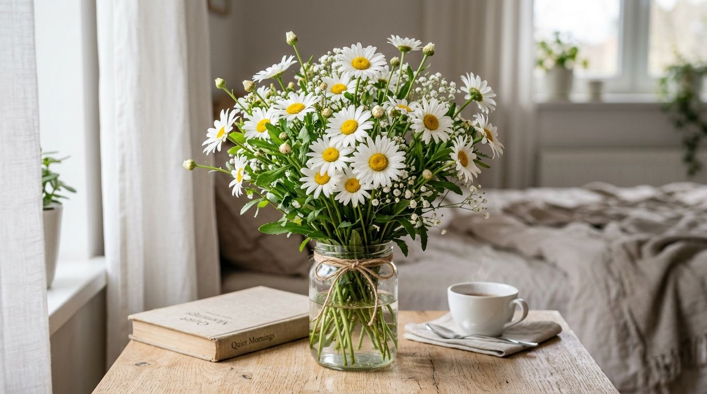 Un hermoso ramo de flores de margarita en un frasco de vidrio sobre una mesa de madera