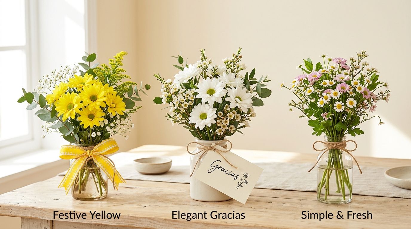 Tres floreros de cristal y cerámica con ramos de margaritas de colores amarillo, blanco y tonos rosados.