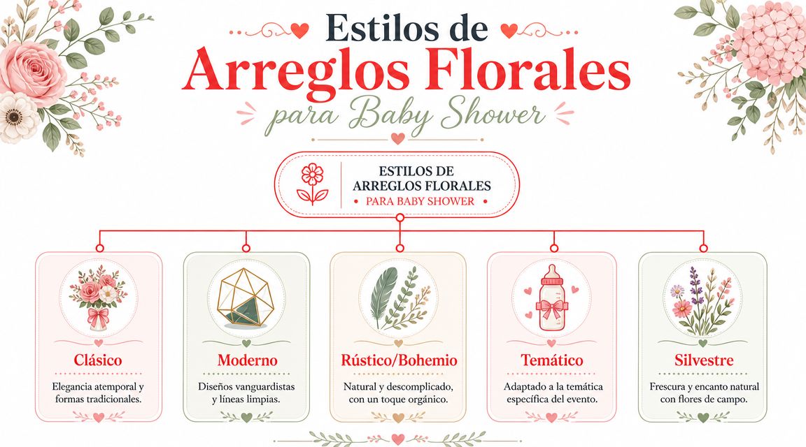 Infografía sobre los diversos estilos de arreglos florales para decorar eventos de baby shower con elegancia.