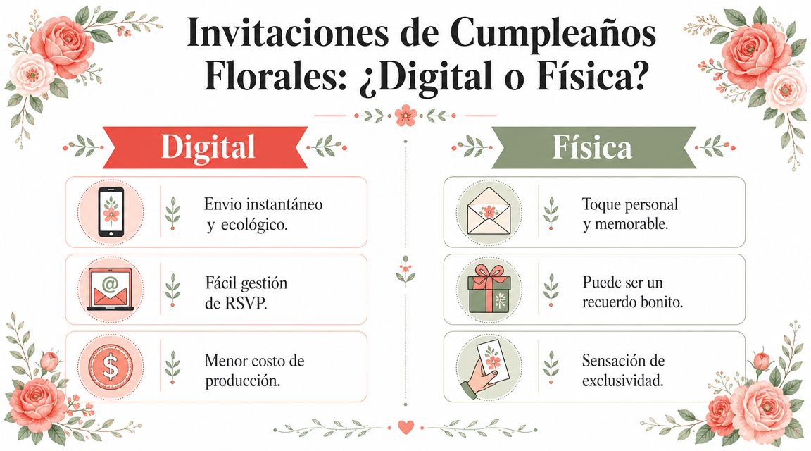 Una infografía comparativa sobre las ventajas de elegir invitaciones de cumpleaños digitales o físicas con diseño floral.