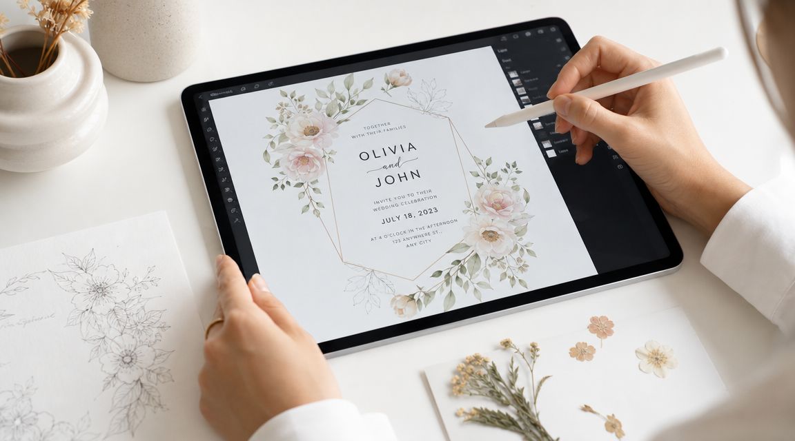 Persona diseñando una invitación de boda con motivos florales en una tableta digital sobre un escritorio.