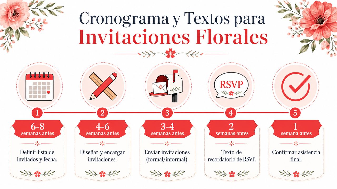 Cronograma detallado con pasos numerados para organizar y enviar invitaciones de eventos con estilo floral elegante.