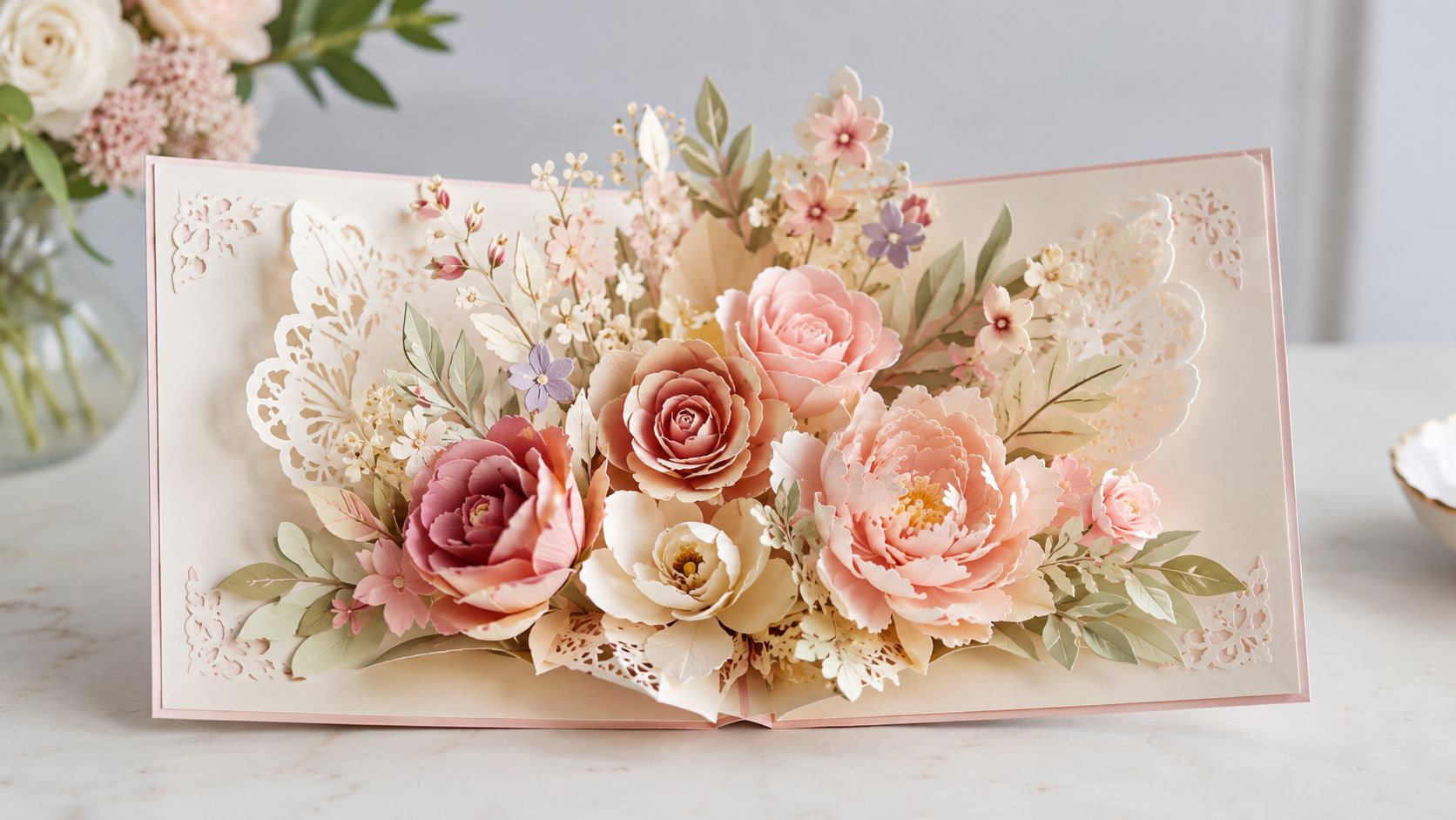 Una hermosa tarjeta de felicitación desplegable con delicadas flores de papel en tonos pastel sobre una mesa.
