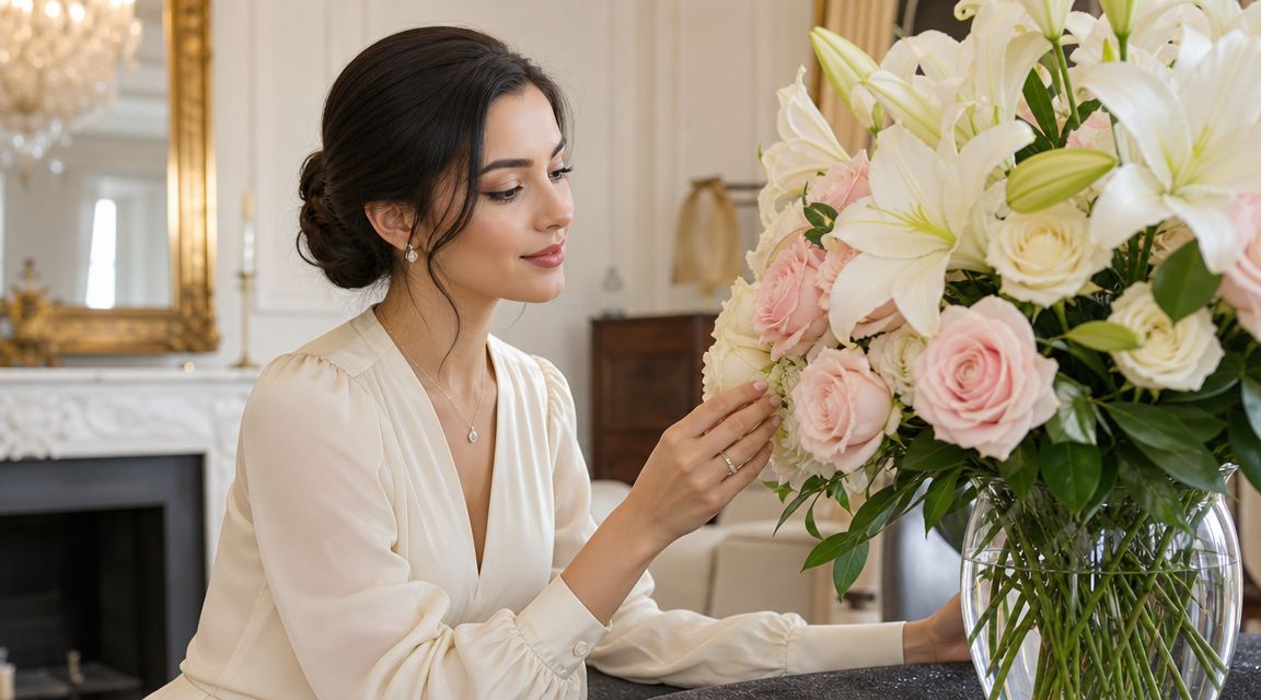 Una mujer elegante con un vestido blanco contempla un hermoso ramo de flores en un interior luminoso.