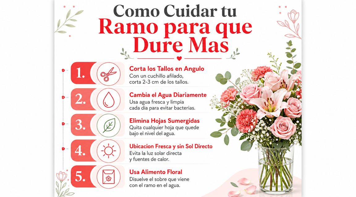 Una infografía educativa con cinco consejos prácticos para mantener las flores de un ramo frescas por más tiempo.