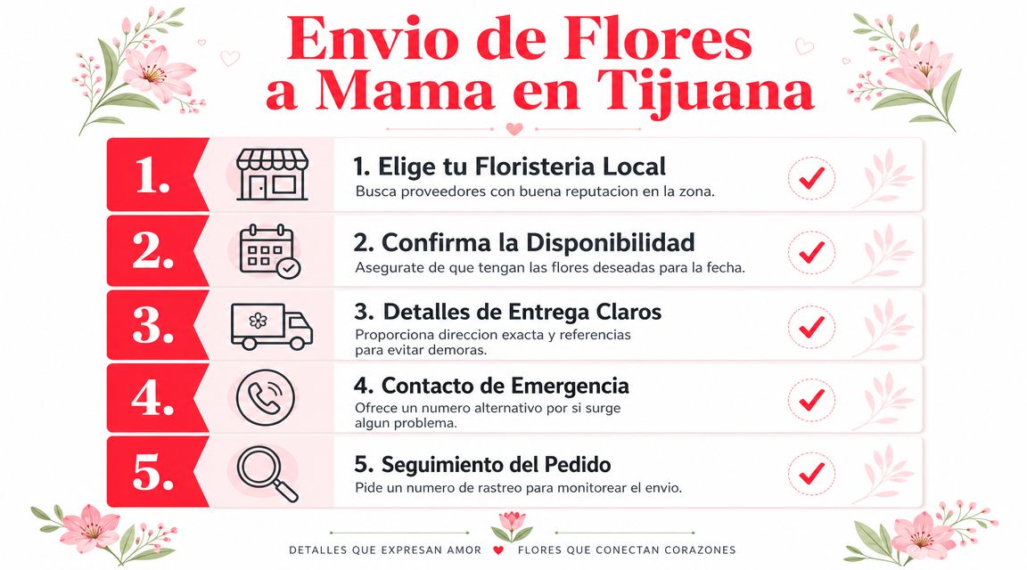 Una infografía informativa con cinco consejos prácticos para enviar flores a mamá en Tijuana de manera segura.