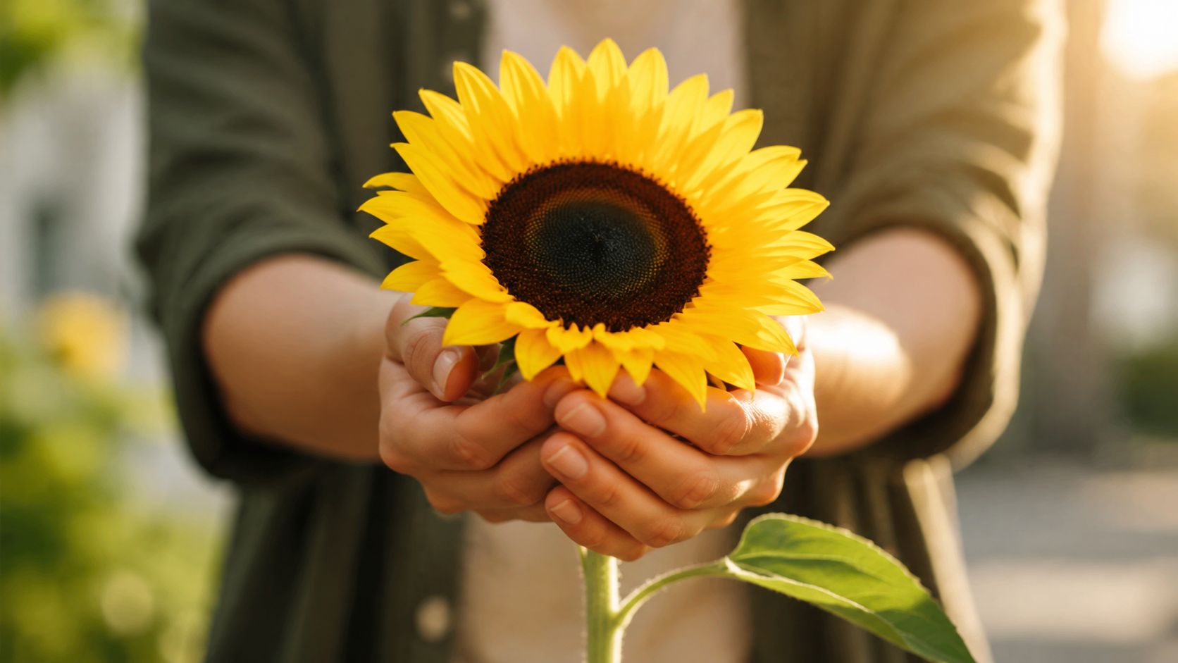 Una persona sostiene suavemente un girasol brillante con ambas manos en un entorno natural al aire libre.