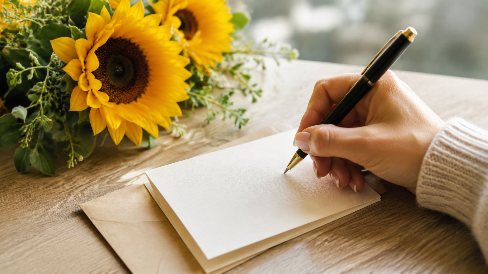 Una mano escribe en una tarjeta blanca junto a un hermoso ramo de girasoles amarillos brillantes.