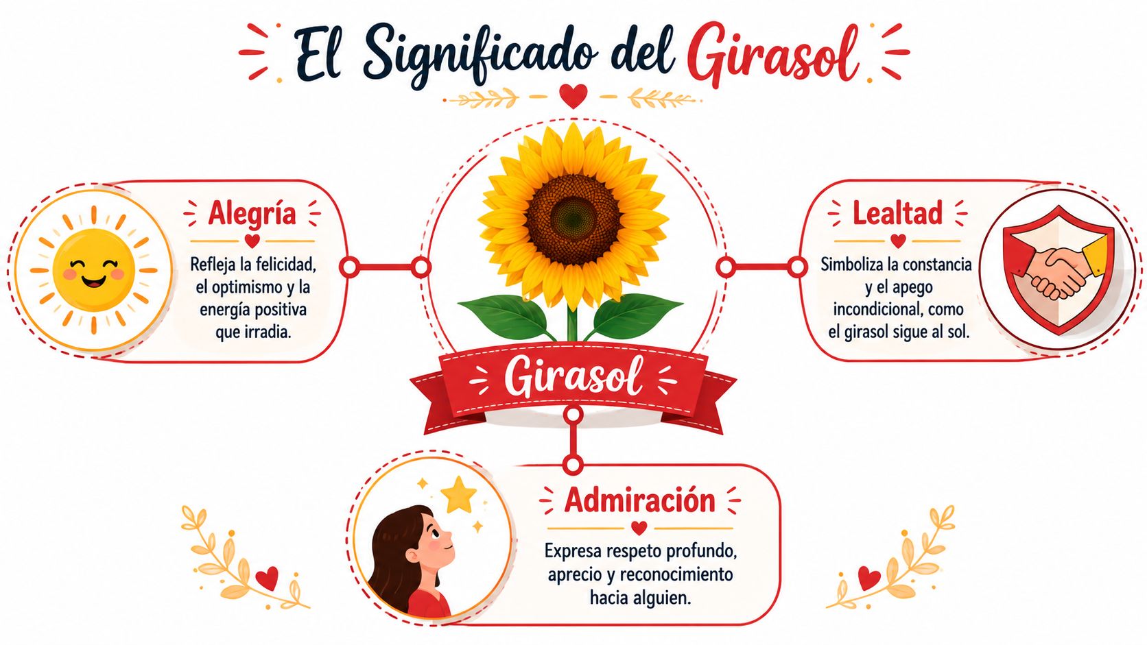Infografía sobre el significado del girasol resaltando la alegría, la lealtad y la admiración que simboliza.