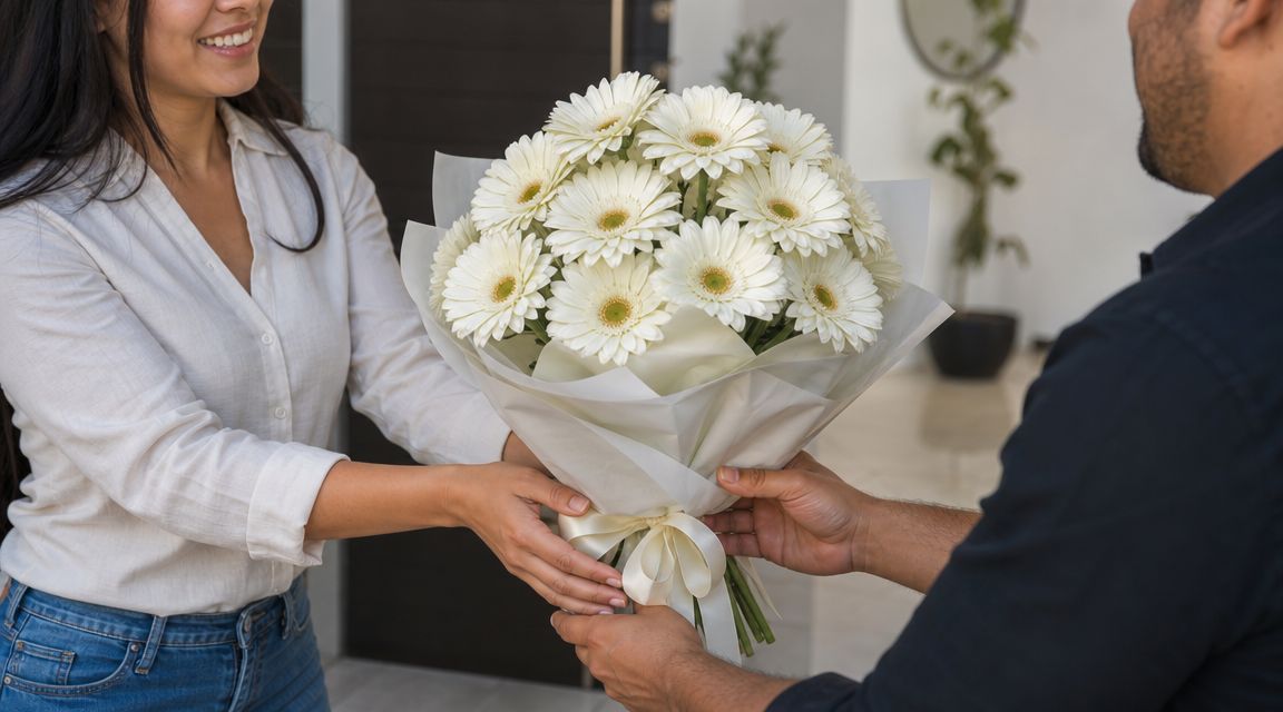 Una persona entrega un hermoso ramo de flores gerberas blancas a una mujer sonriente en su hogar.