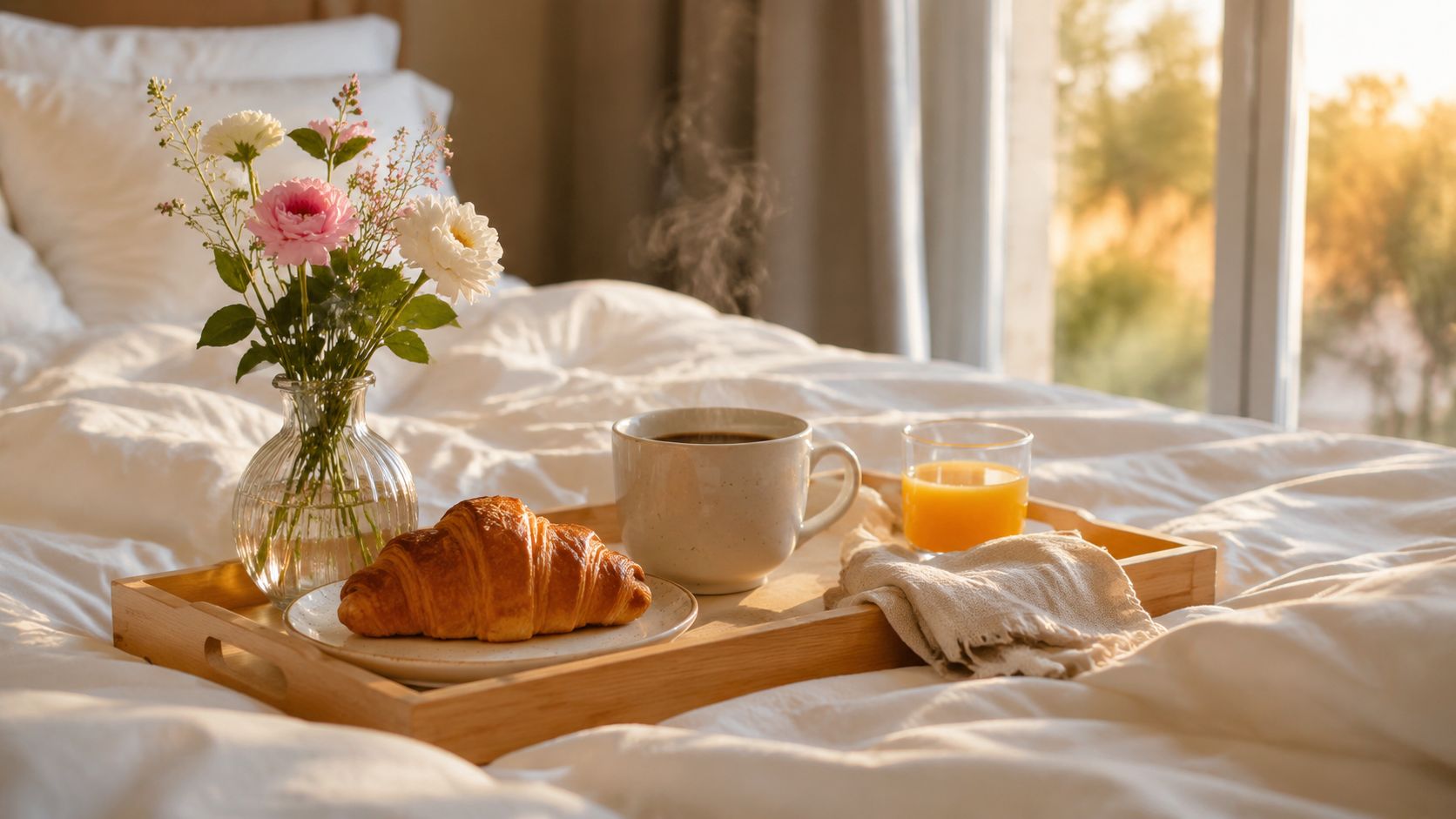 Una bandeja de madera con desayuno, croissant, café y flores sobre una cama blanca y acogedora.
