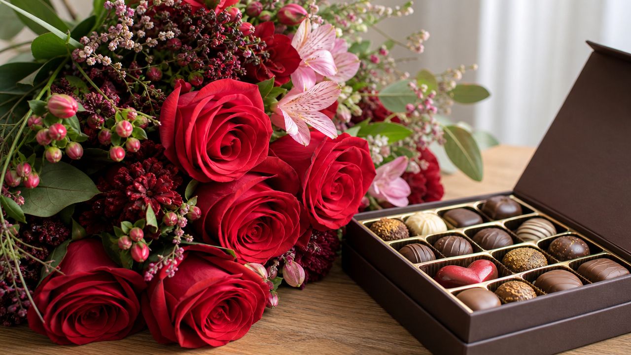 Un ramo de rosas rojas vibrantes junto a una elegante caja de bombones de chocolate surtidos.