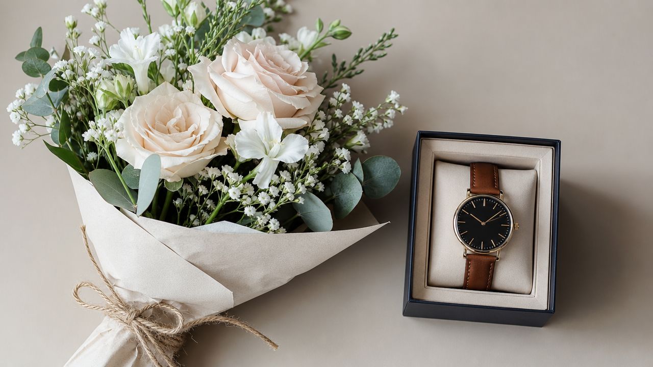 Un hermoso ramo de rosas junto a un elegante reloj de pulsera en su caja de regalo.