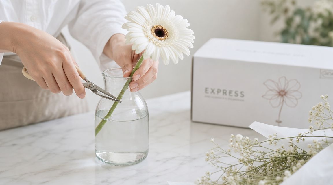 Una persona corta el tallo de una gerbera blanca con tijeras para colocarla en un florero transparente.