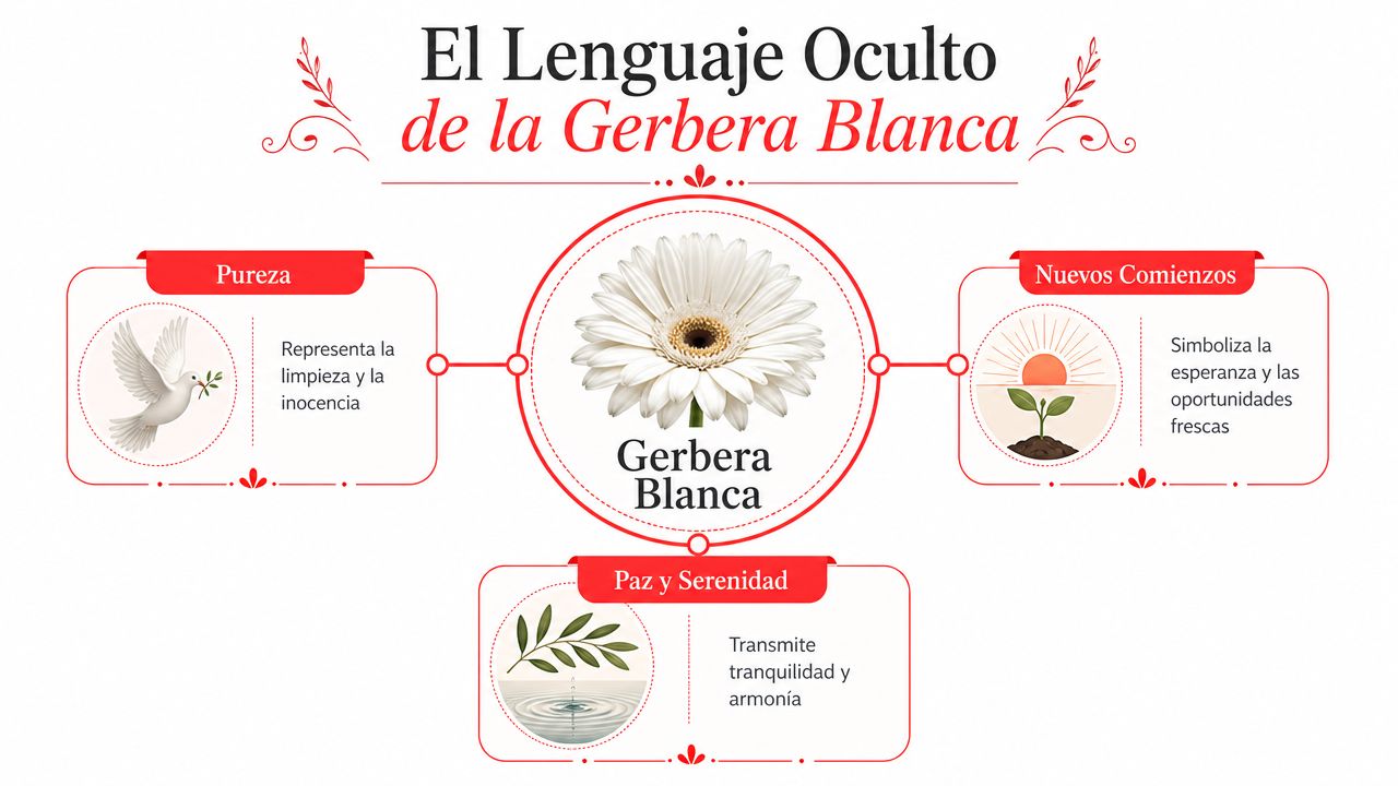 Infografía sobre el significado de la gerbera blanca, destacando pureza, nuevos comienzos, paz y serenidad.